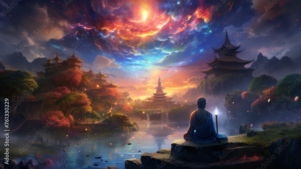 Buddhist meditator finding cosmic unity in stunning natural landscape under a vibrant starry sky - obrazy, fototapety, plakaty 