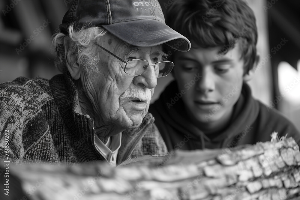 An elderly father and a young son inspecting a piece of wood together An elderly father and a young son inspecting a piece of wood together