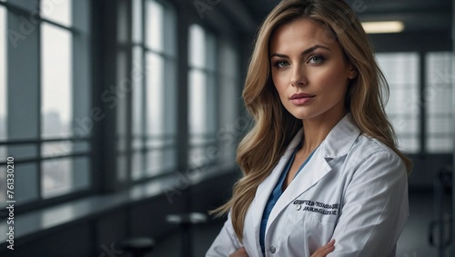 Beautiful blonde doctor with serious look at hospital