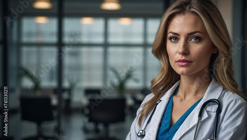 Beautiful blonde doctor with serious look at hospital