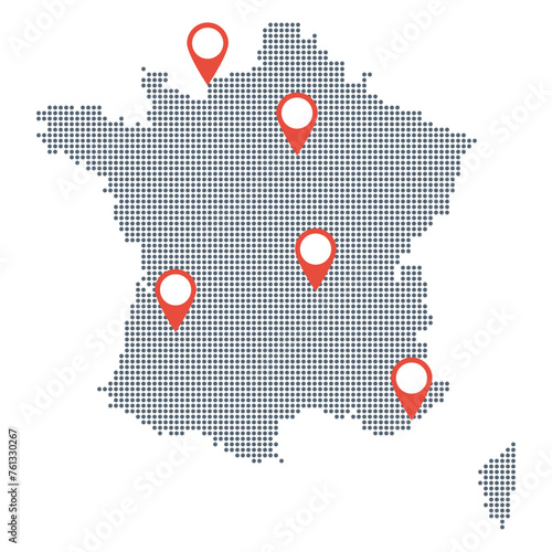 France dotted vector map. Red navigation marks. Modern infographic with travel destination points or attractions.