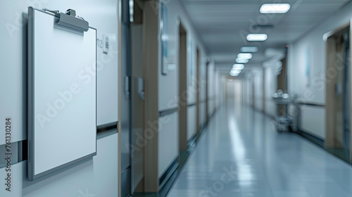 Blank medical clipboard with in hospital corridor on blur background. Copy space. blurred background 