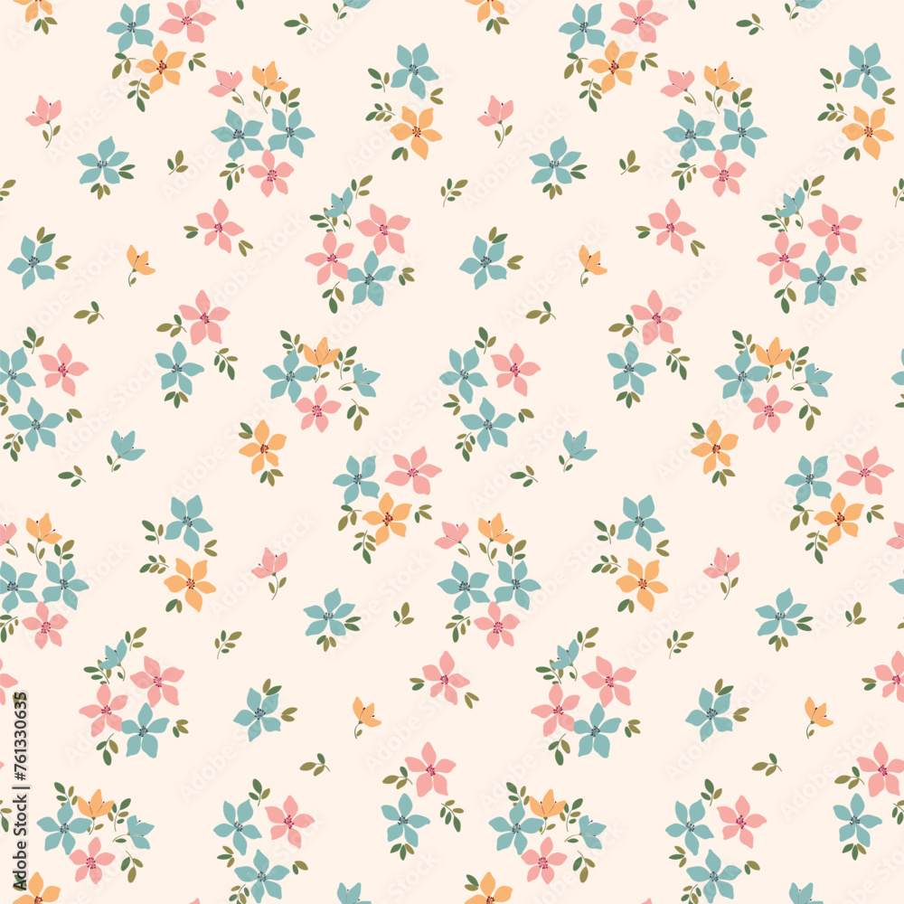 Seamless floral pattern, liberty ditsy print, pretty abstract ornament of tiny botany. Cute botanical design: small hand drawn flowers, leaves, mini bouquets. Vector wallpaper, textile illustration.