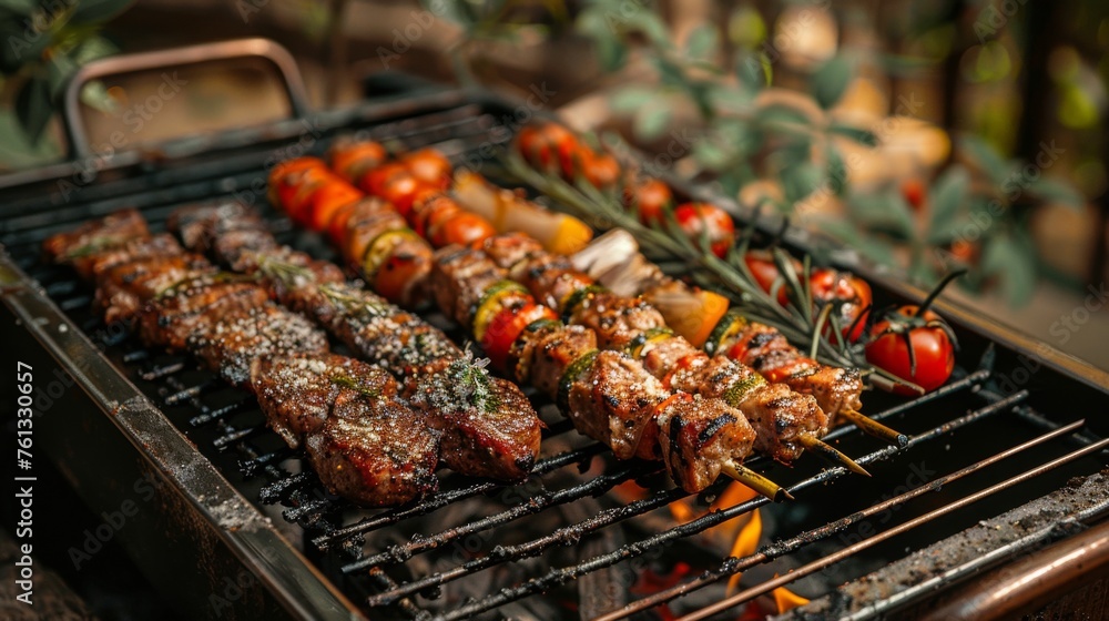 The charm of open-air cooking of marinated meats and fresh vegetables that are being transformed by the fiery kiss of the grill, The charm of open-air cooking of marinated meats and fresh vegetables that are being transformed by the fiery kiss of the grill,
