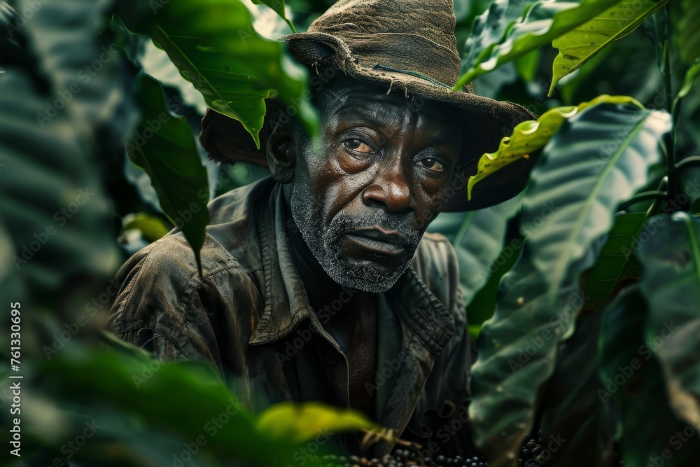 A man wearing a hat navigating through dense jungle vegetation