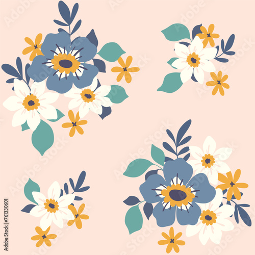 Seamless floral pattern  decorative art ditsy print  flower ornament in retro folk motif. Botanical wallpaper  textile design  hand drawn daisy flowers  leaves  simple bouquets. Vector illustration.