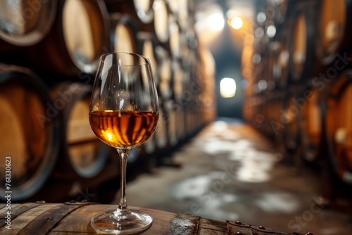A glass of aged golden fortified wine resting on a wooden barrel in the cellar of a winery