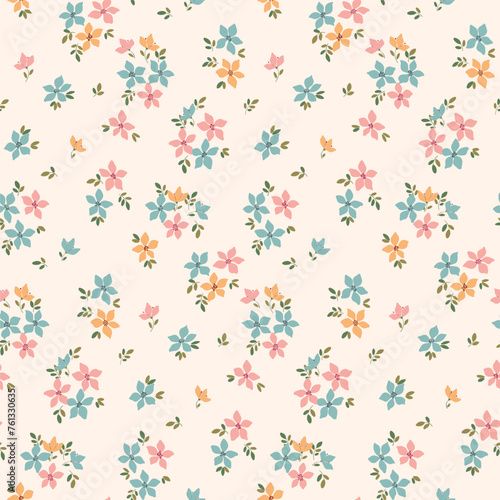 Seamless floral pattern, liberty ditsy print, pretty abstract ornament of tiny botany. Cute botanical design: small hand drawn flowers, leaves, mini bouquets. Vector wallpaper, textile illustration.