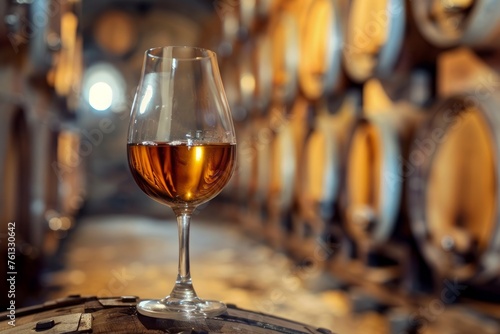 A glass of aged golden fortified wine sits atop a wooden barrel in a winery cellar © Ilia Nesolenyi