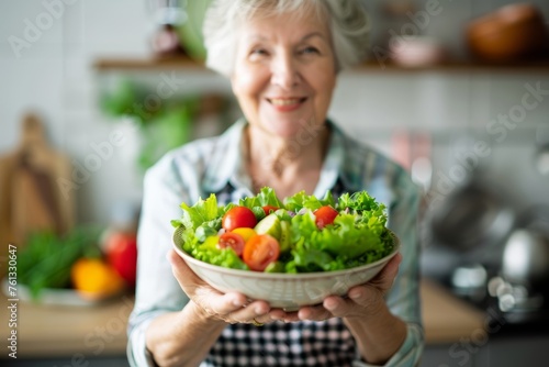 Aged woman smiling  holding a healthy vegetable salad bowl in a kitchen setting with copy space
