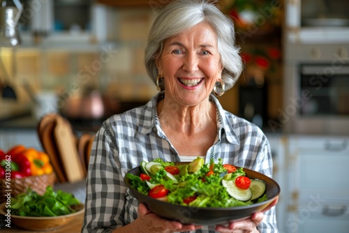 Aged woman joyfully holding a vegetable salad in a kitchen setting. Natural light illuminating the healthy dish