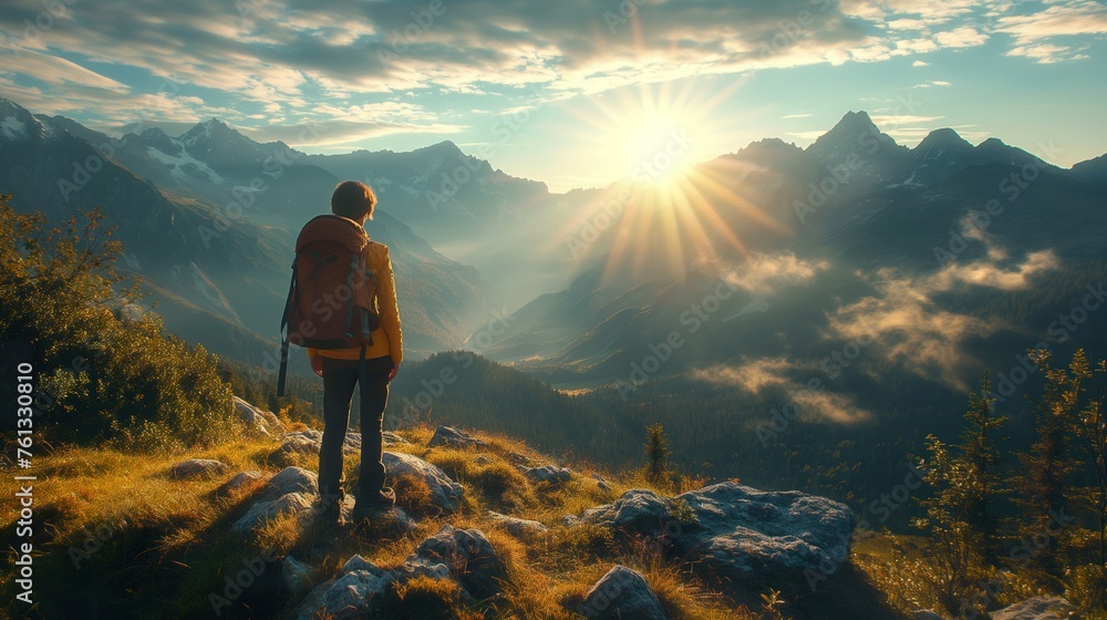 hiker stands at the edge of a majestic mountain, surrounded by vast landscapes, embodying the essence of adventure, outdoor travel, and the spirit of hiking
