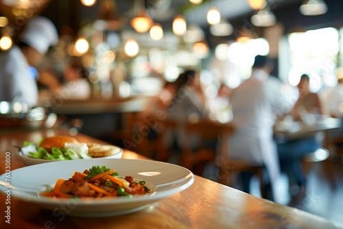 A plate of delicious food is placed on a table in a busy restaurant, with blurred background activity of people eating and restaurant staff working