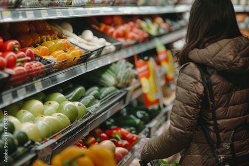 A woman browsing through fruits and vegetables in a grocery store aisle, showcasing an inflation food prices concept
