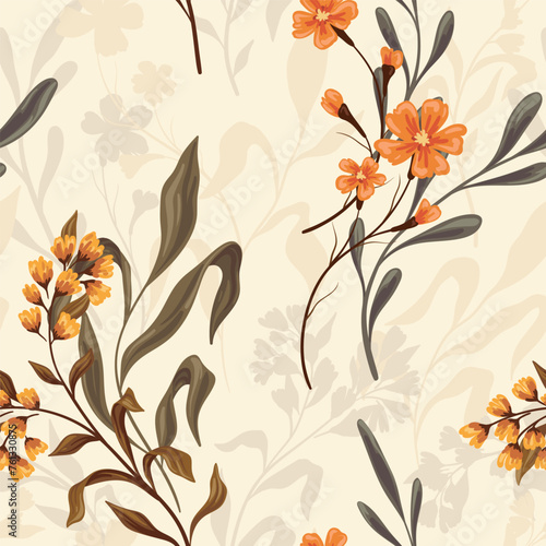 Seamless floral pattern, abstract flower print in an elegant vintage motif. Beautiful botanical wallpaper, textile design: hand drawn yellow wild flowers, large leaves, branches. Vector illustration.