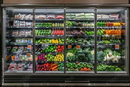 A display case in a grocery store filled with a variety of fresh fruits and vegetables ready for purchase by shoppers