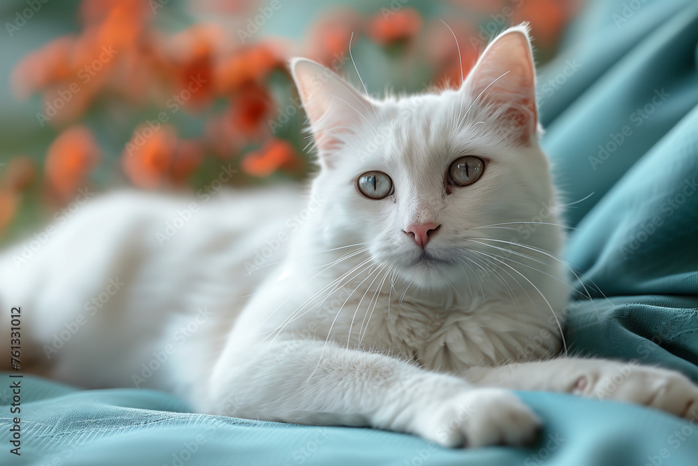 A white cat comfortably resting on top of a blue blanket