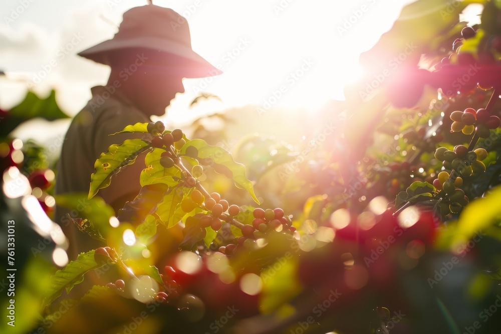 A man standing amidst grapevines in a vineyard with ripe grapes on bushes in the foreground, set against a morning sunlight backdrop - obrazy, fototapety, plakaty 