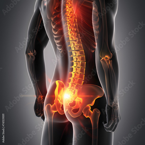 Human spine visualization lower back pain with red and orange colours.