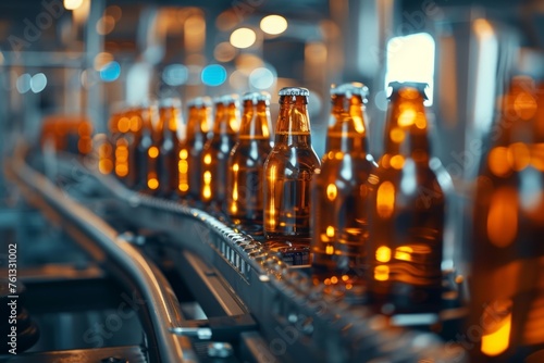 A line of glass beer bottles being transported on a conveyor belt in a modern brewery production line, with a blurred background