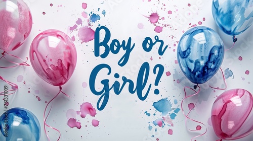 Boy or girl. Gender reveal illustration. Inspirational modern calligraphy lettering with painted blue and pink balloons. Template typography for party invitation, banner, poster. photo