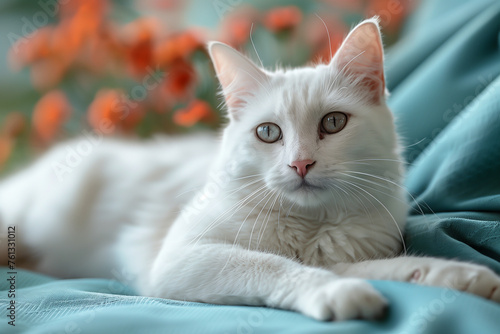 A white cat comfortably resting on top of a blue blanket