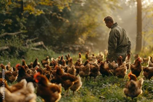 A man stands next to a group of freerange chickens on a sustainable farm photo