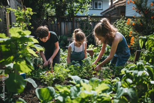 A group of individuals are busy working in a vegetable garden, planting, weeding, and harvesting fresh produce