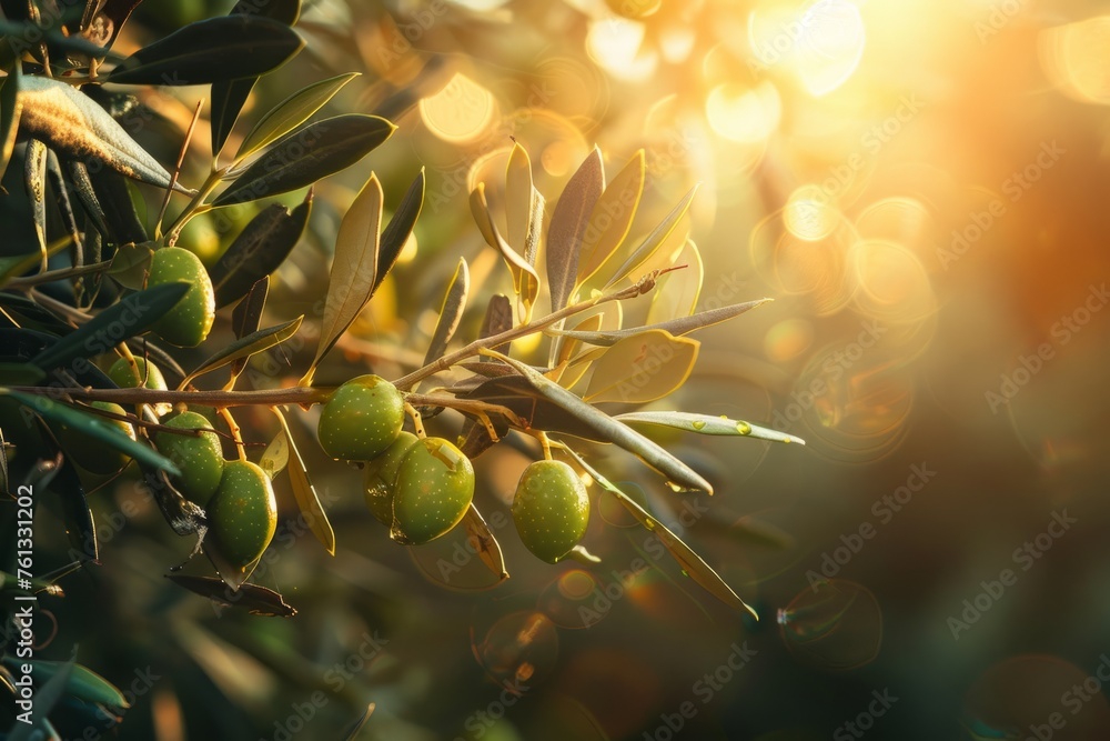 Ripe green olives hanging from branches of an olive tree as the sun sets, casting a warm glow on the scene - obrazy, fototapety, plakaty 