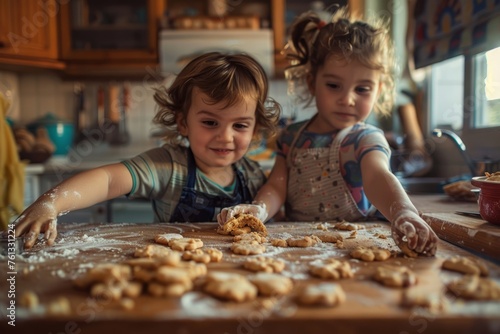 Two young girls are actively engaged in making cookies in the kitchen, surrounded by baking ingredients and utensils