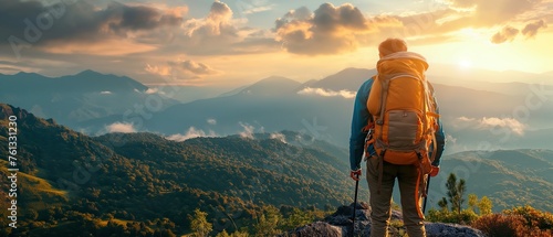 Adventurer gazes over stunning mountain vistas, capturing the heart of outdoor exploration, hiking, and the unbridled joy of mountain travel