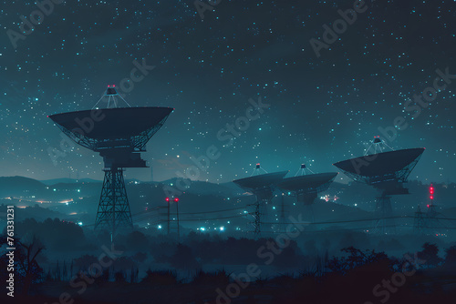 Set of Radio telescopes at night with starry nights releasing with hologram hud research and discovery and futuristic communication photo