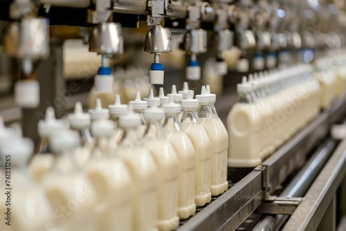A line of milk bottles moving along a conveyor belt in a commercial food production setting at a dairy plant