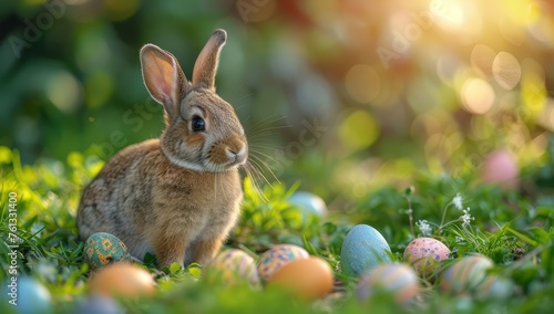 Cute Easter bunny surrounded by colorful eggs in the grass, pastel colors, blue sky © Photo And Art Panda