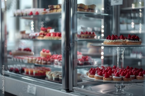 A variety of sweet pastries, including cake, eclairs, and tartlets, are showcased in a candy stores glass display case filled with delicious treats