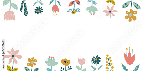 Spring background with flowers around the edge and place for text. Vector illustration of wildflowers in cartoon style. Template for cards, invitations, publications on social networks.