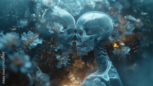Two transparent skeleton men were facing each other. Two skeleton lovers, a beautiful sight on a blue flower ground.