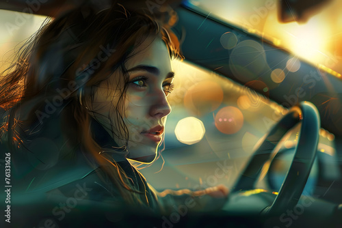 Image of a girl driving a car at sunset.
