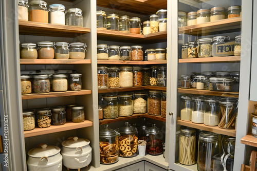 Kitchen pantry storage room for home supplies organized with food containers and glass jars on shelves racked cabinets