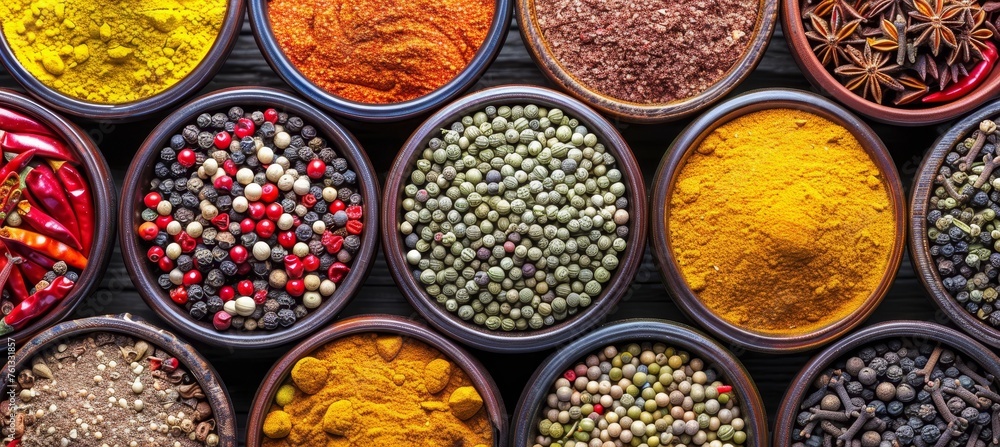 Vibrant spice palette  artistic array of assorted spices in small colorful bowls