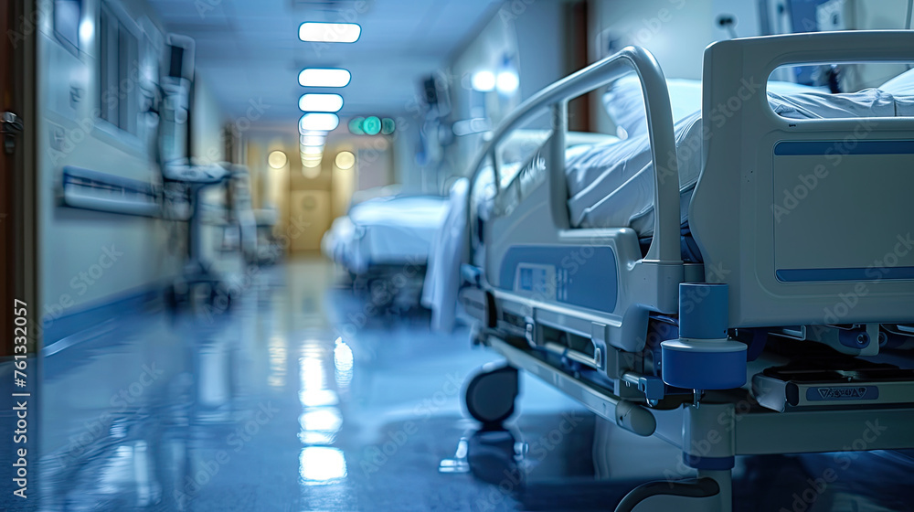 Obraz premium patient empty beds in hospital, Interior of an empty hospital room. Clean and empty room with a bed in medical center