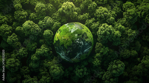 Illustration of the world ball over a huge green forest. Environmentalism and conservation of the planet.