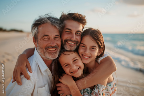 Portrait of a grandfather with his son and granddaughters. Family concept