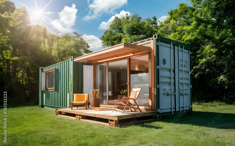 The modern tiny house is made from old shipping containers. Sunny day nicely decorated house environment. Shipping container houses are sustainable, eco-friendly living accommodations or holiday home