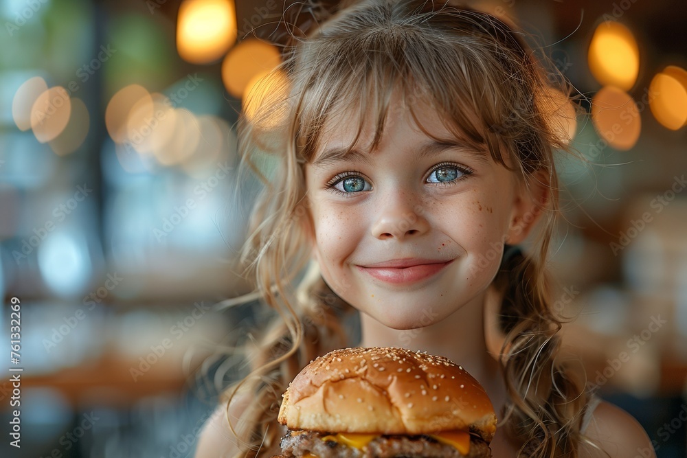 A smiling and cute toddler girl enjoys a cheeseburger meal with enjoyment.