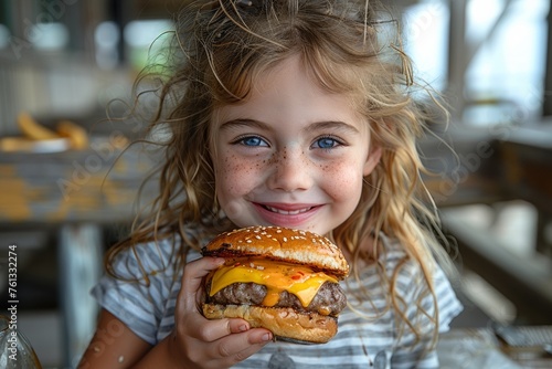 A happy and adorable girl enjoys a hamburger by the sea at a seaside cafe.