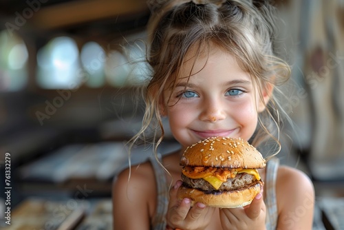 A smiling toddler enjoys a big  delicious hamburger meal at a fast-food restaurant.