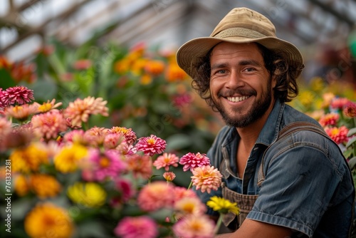 A smiling florist in a greenhouse, wearing an apron and hat, tends to vibrant flowers.