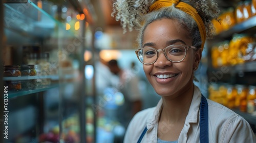 Woman Wearing Glasses and Yellow Headband Smiles