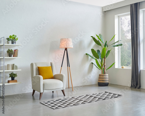 Grey stone wall background and guillotine windows, sofa, pillow, lamp and green vase of plant, bookshelf, carpet interior decoration.